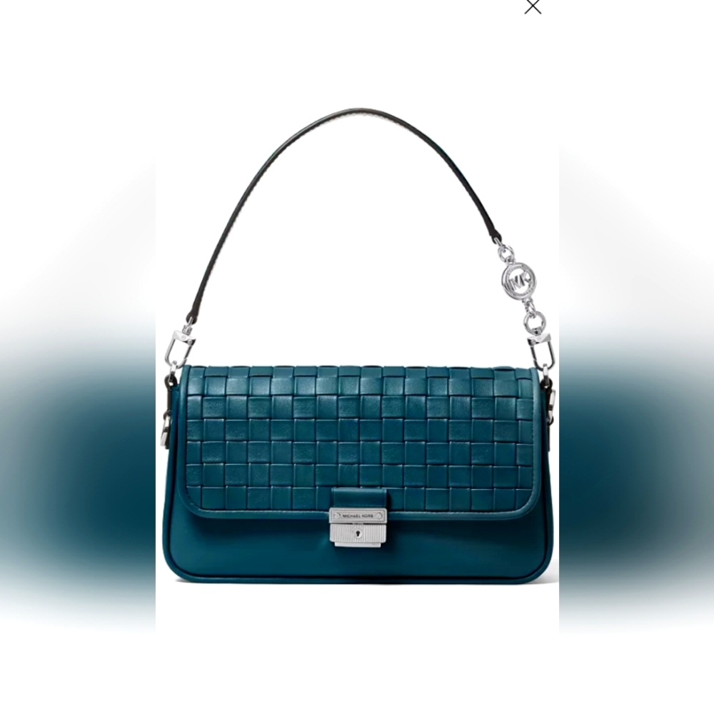 MICHAEL Michael Kors Bradshaw Woven Leather Convertible Shoulder Bag Teal Blue